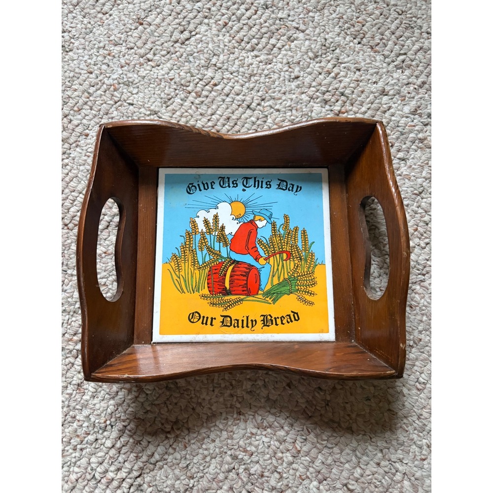 Vintage Give Us This Day Our Daily Bread Wooden Tray Ceramic Tile Harvest Scene